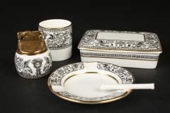 English Wedgwood Bone China Black Florentine smoking set with  ashtray, circa 1960,  with candy cigarette