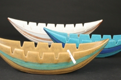 Glidden Pottery Artware designed by Fong Chow and in partnership with Glidden Parker, Sandstone, Gulfstream Blue, and Green Mesa, introduced in 1956, large ashtrays with candy cigarette