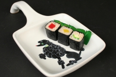Glidden Pottery shirred egg server with sushi